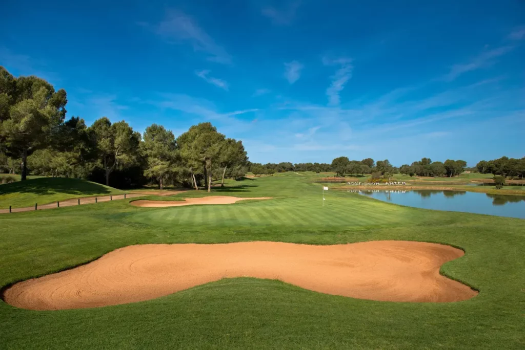 Son Antem West Golf Course View of Hole 18 green with large bunker in foreground in Mallorca